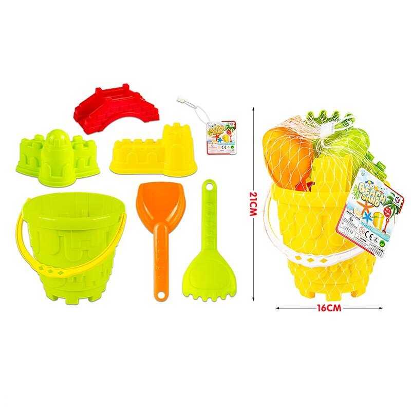 Пісочний набір 295-17 (72/2) відерце висотою 13 см, 2 формочки, мостик, граблі, лопата, в сітці