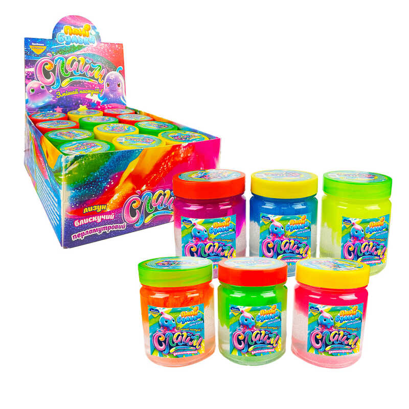 гр Слайм двокольоровий  65456 (1) "Пані Булька", ЦІНА ЗА 12 ШТУК, велика банка, 200г, ароматизований, 6 кольорів, МІКС