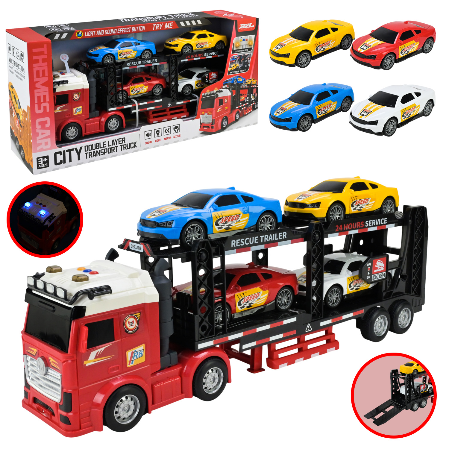 Трейлер JP588-81A , батар.  , світло, звук , 4 машинки , коробка