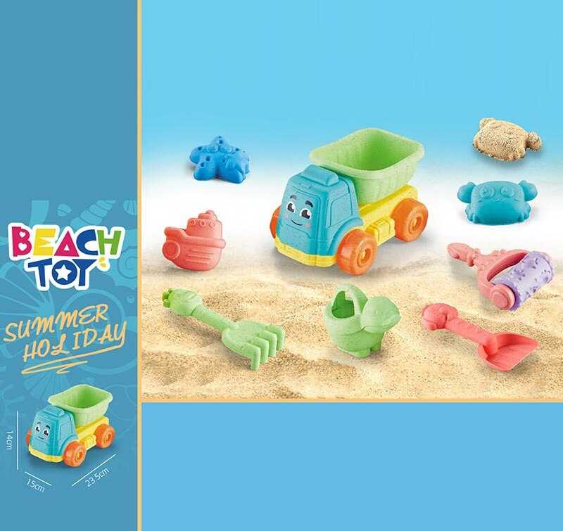 Пісочний набір RMT 366-38 (72/2) розмір самоскида - 21х15х12.5, лійка, граблі, лопатка, фігурний валик, 3 формочки, в сітці