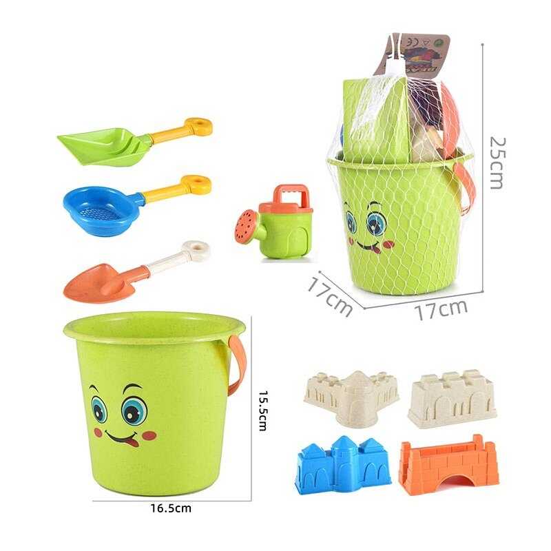 Пісочний набір C 481 (72/2) відерце висотою 15.5 см, 4 формочки, лійка, граблі, лопата, ситечко, в сітці