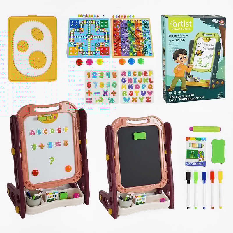 Мольберт 050-52 (18) двосторонній, крейда, маркери, стиранка, магніти, настільні ігри, фішки, в коробці