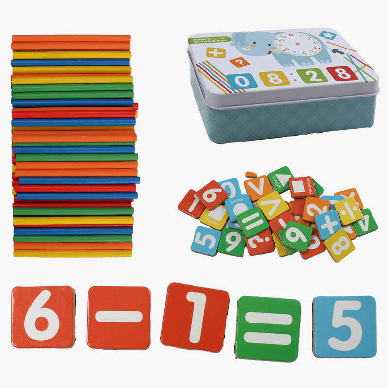 Математична гра C 73827 (120) дерев`яні магніти, цифри, математичні позначки, палички, кольори, в боксі