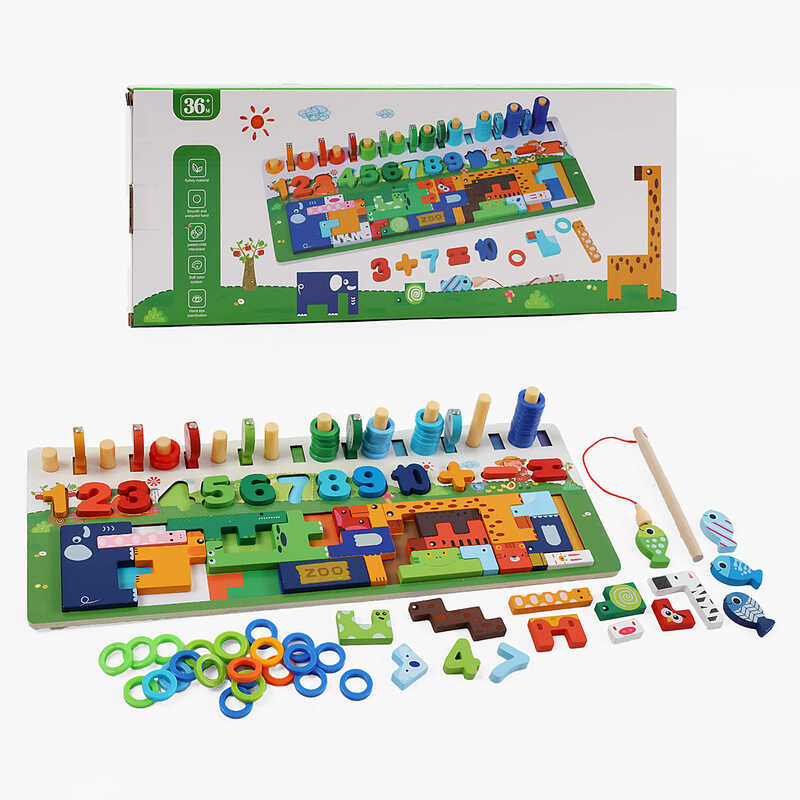 Логічна дерев’яна дошка C 73233 (36) магнітна риболовля, цифри, сортер, пазл, тваринки, кілочки, кольорові кільця, в коробці