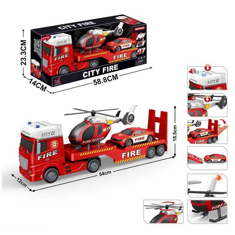 Трейлер 666-67 F (9) “Пожежна служба”, звуки, підсвічування, інерція, гумові шини, машинка, гвинтокрил, в коробці