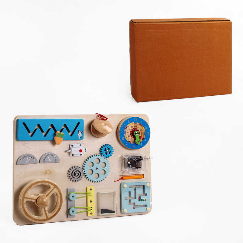 Бізіборд дерев'яний C 61700 (8) 11 ігор, кермо, пальчиковий лабіринт, годинник, магнітний олівець, музична скринька, в коробці