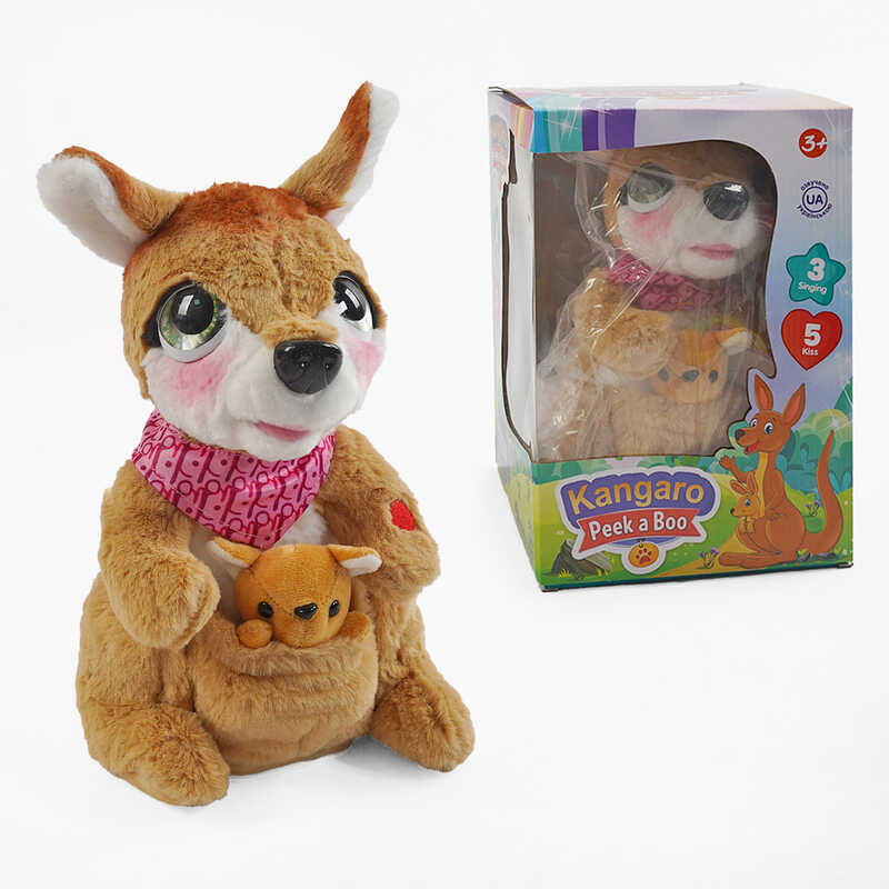 Інтерактивна іграшка M 17061 (48) “Кенгуру”, висота: 30 см, пісні англійською мовою, на батарейках, рухає головою, магнітні датчики, кенгурятко, в коробці