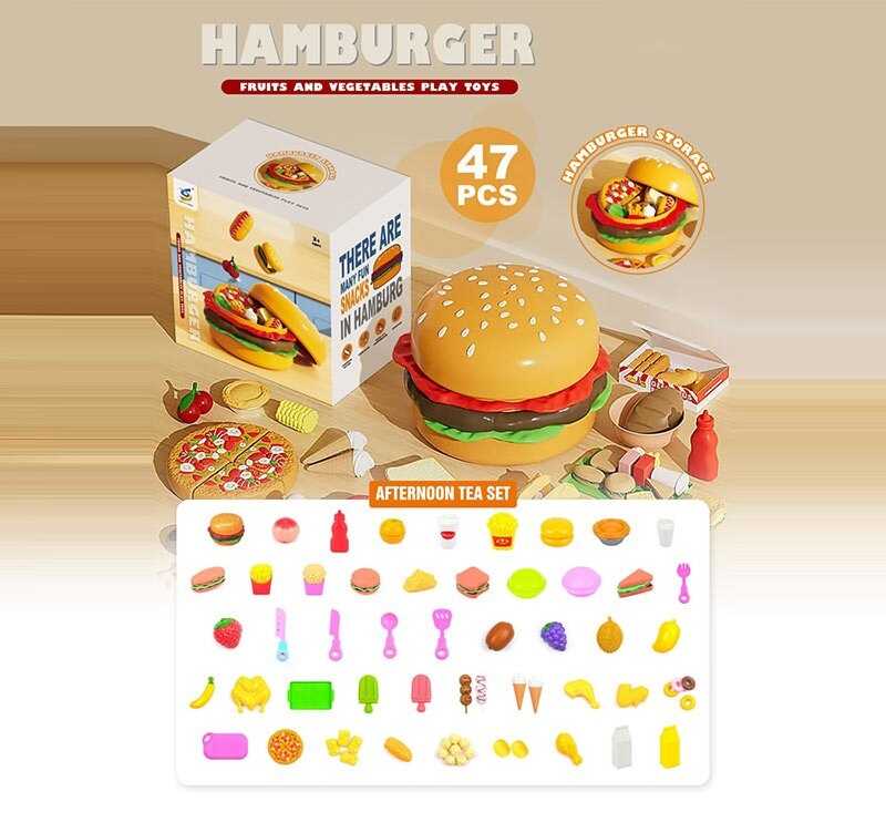 Набір продуктів 108-34 A (24/2) 47 елементів, великий бургер-бокс, продукти на липучках, таця, дошка для нарізання, ножичок, стаканчики та баночки для соусів, морозиво, картопля фрі, печиво, бутерброди, в коробці