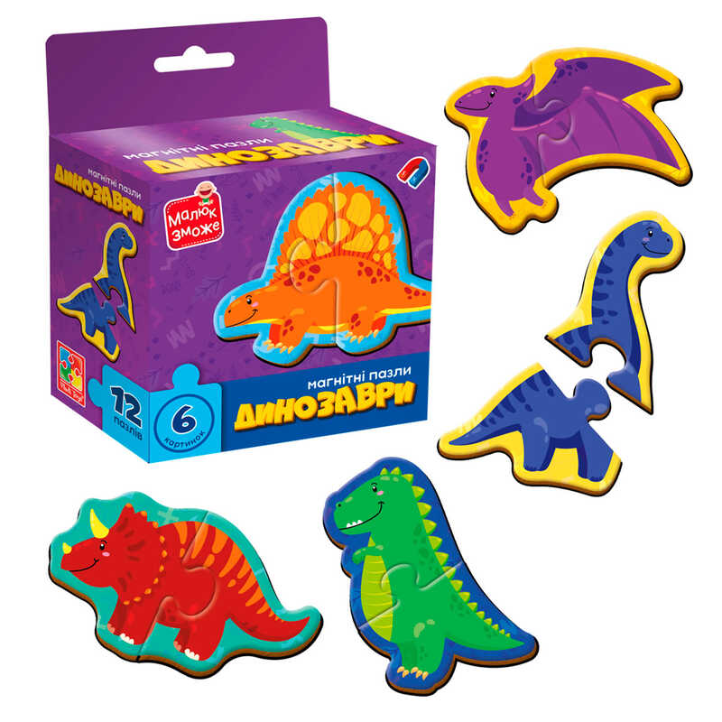 гр Магнітні пазли "Динозаврики" VT1733-01 (20) "Vladi Toys", 6 картинок (12 деталей), в коробці