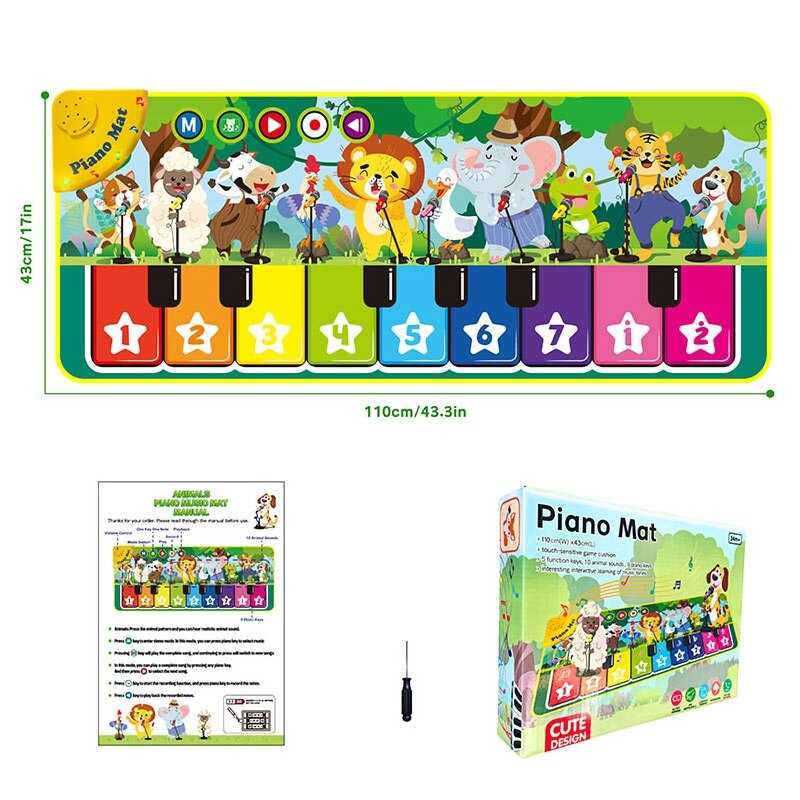 Килимок музичний 638-18 (36) 110 х 3 х 43 см, на батарейках, музичні інструменти, ноти, звуки тварин, запис, режим пам'яті, музика, в коробці