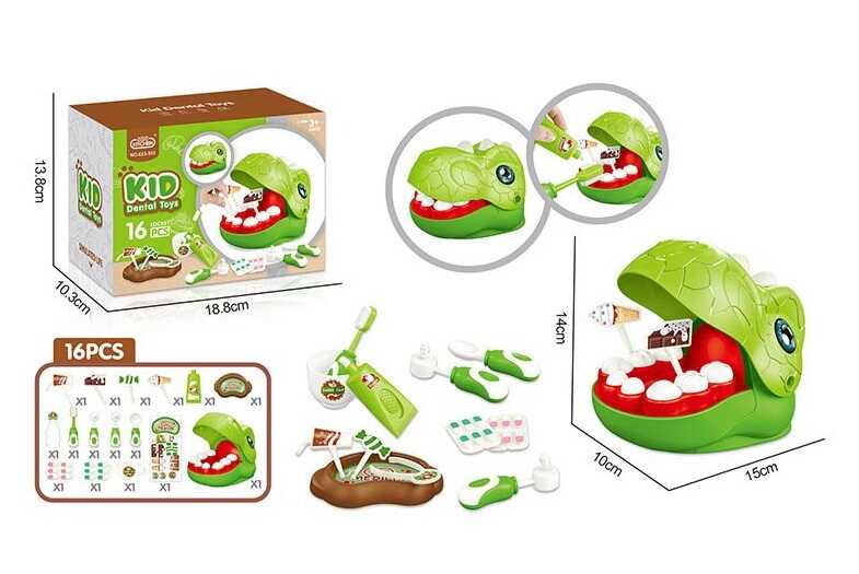 Набір стоматолога 623-922 (72/2) 16 елементів, голова динозавра, отвори в зубах, інструменти, зубна паста, щітка, щипці, солодощі на паличках, в коробці