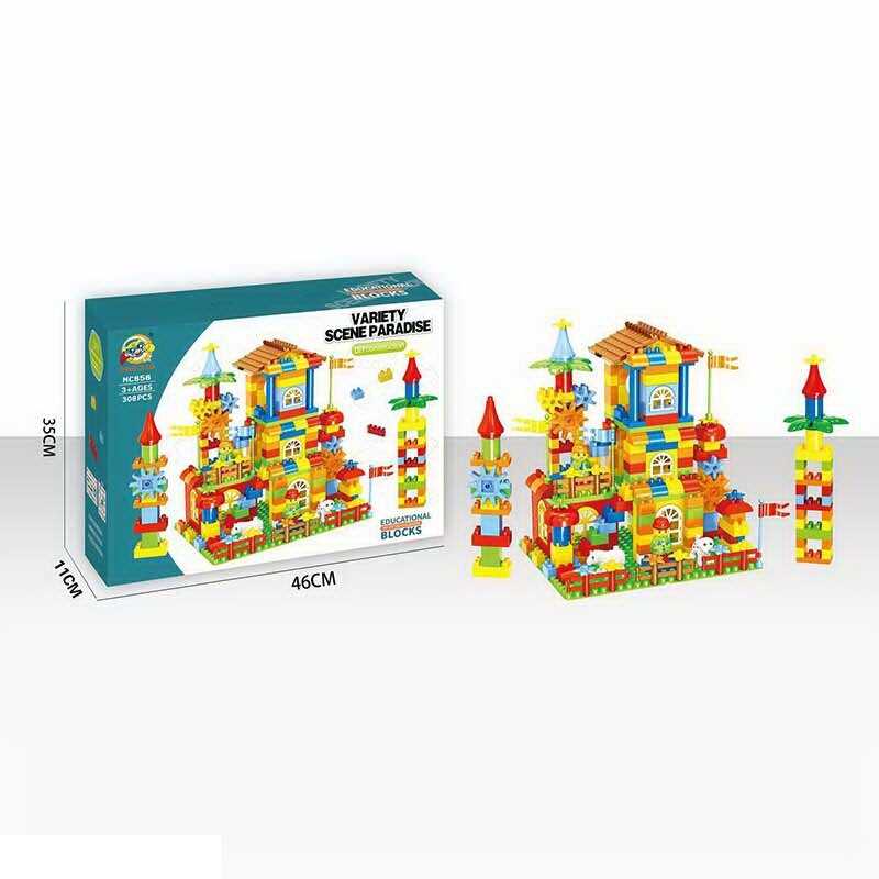 Конструктор MC 858 (12) 308 елементів, 2 великі основи, фігурки людей і тварин, дах, вікна, огорожа, шестерінки, в коробці