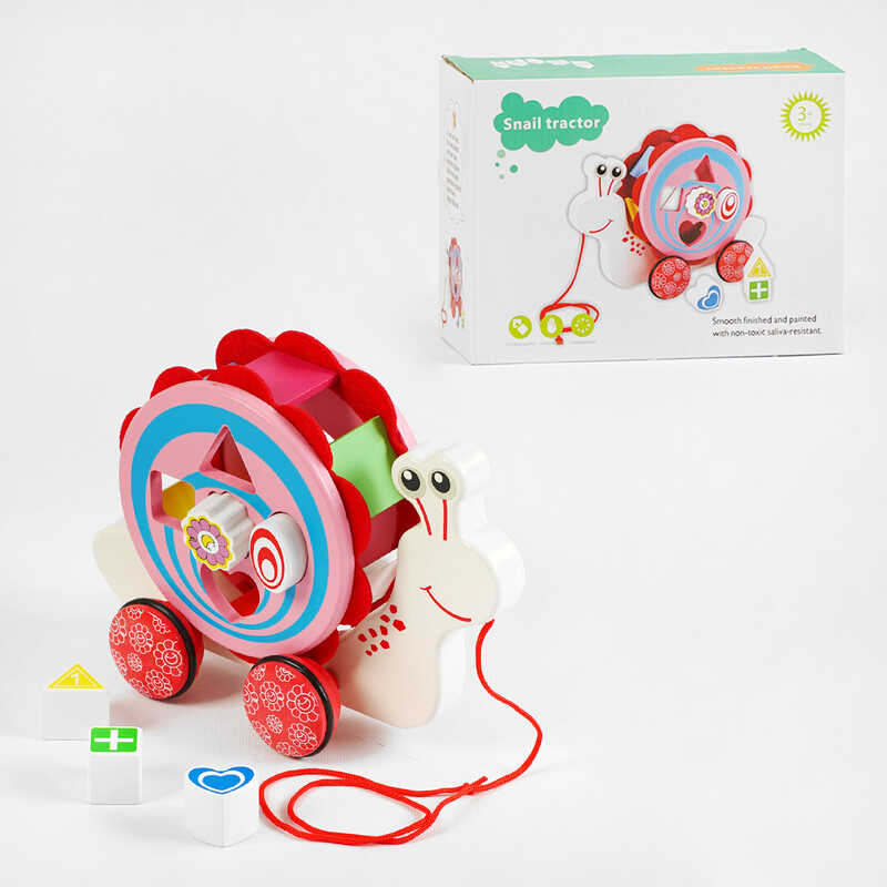 Каталка C 64011 (24) “Равлик”, дерев’яна, сортер, 5 фігурок, обертається мушля, в коробці