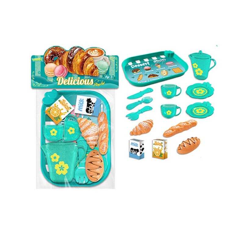 Набір продуктів 99013 (120/2) таця, 2 чашки, 2 блюдця, чайничок, ніж, ложка, вилка, круасан, багет, хліб, коробочки з молоком і соком, в пакеті