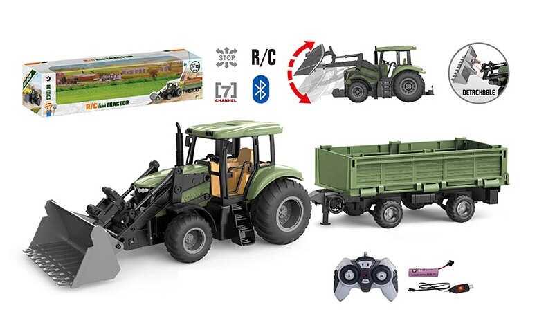 Трактор на радіокеруванні 1908-4 AT (15) гумові шини, причіп, рухомі елементи, акум. 3.7V, USB-кабель, пульт, додаток, Bluetooth, автоматичне підіймання ковша, режим демонстрації, в коробці