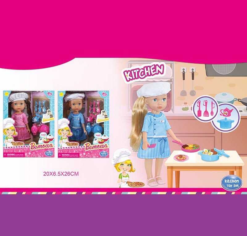 Лялька WG 053 (72/2) 2 види, “Шеф-кухар”, набір посуду, висота 25 см, в коробці