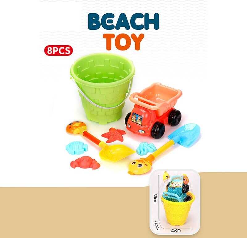 Пісочний набір YF 3687 (24) відро висотою 22 см, машинка з відкидним причепом, 2 лопати висотою 35 см, 4 формочки, в сітці