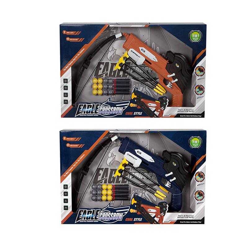 Арбалет 949-14 (36/2) 2 кольори, 3 режими стрільби, підсвічування, механічний принцип роботи, звук орла, 3 стріли з присосками, 4 м’які патрони, 12 пластикових кульок, в коробці