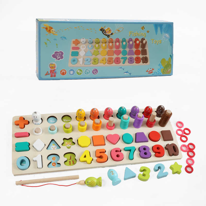 Логічна дерев’яна дошка C 74284 (28) цифри, геометричні форми, магнітна риболовля, гра з кілочками, в коробці