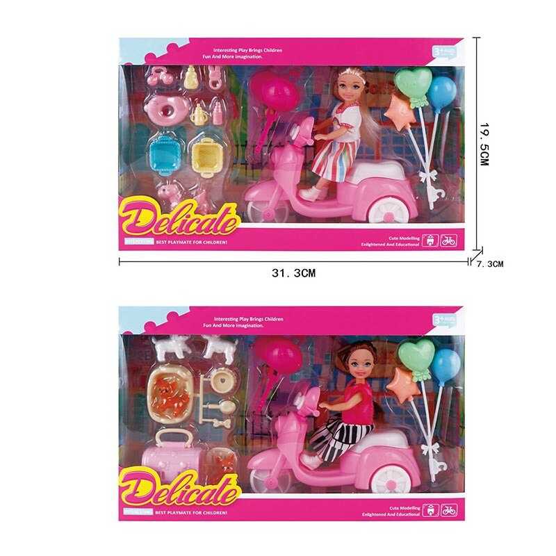 Лялька L 5-40 (72/2) 2 види, "Прогулянка", скутер, шолом, висота ляльки 14см, повітряні кульки, 2 кошики, в коробці