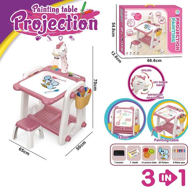 Столик ігровий з проєктором YM 58 (6) підсвічування, звук, маркери, губка, 3 диски, стільчик, дошка для малювання, в коробці