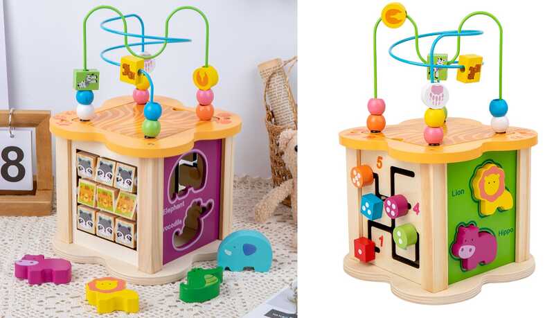 Куб логічний C 75590 (24) дерев’яний, годинник, пальчикові лабіринти, сортер, слова англійською мовою, в коробці