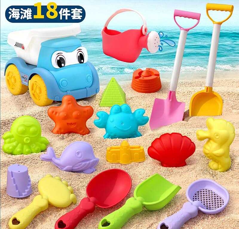 Пісочний набір W 218-40 (64/2) розмір самоскида - 16.5х11х13 см, граблі, сито, 4 лопатки, лійка, 10 формочок, в сітці