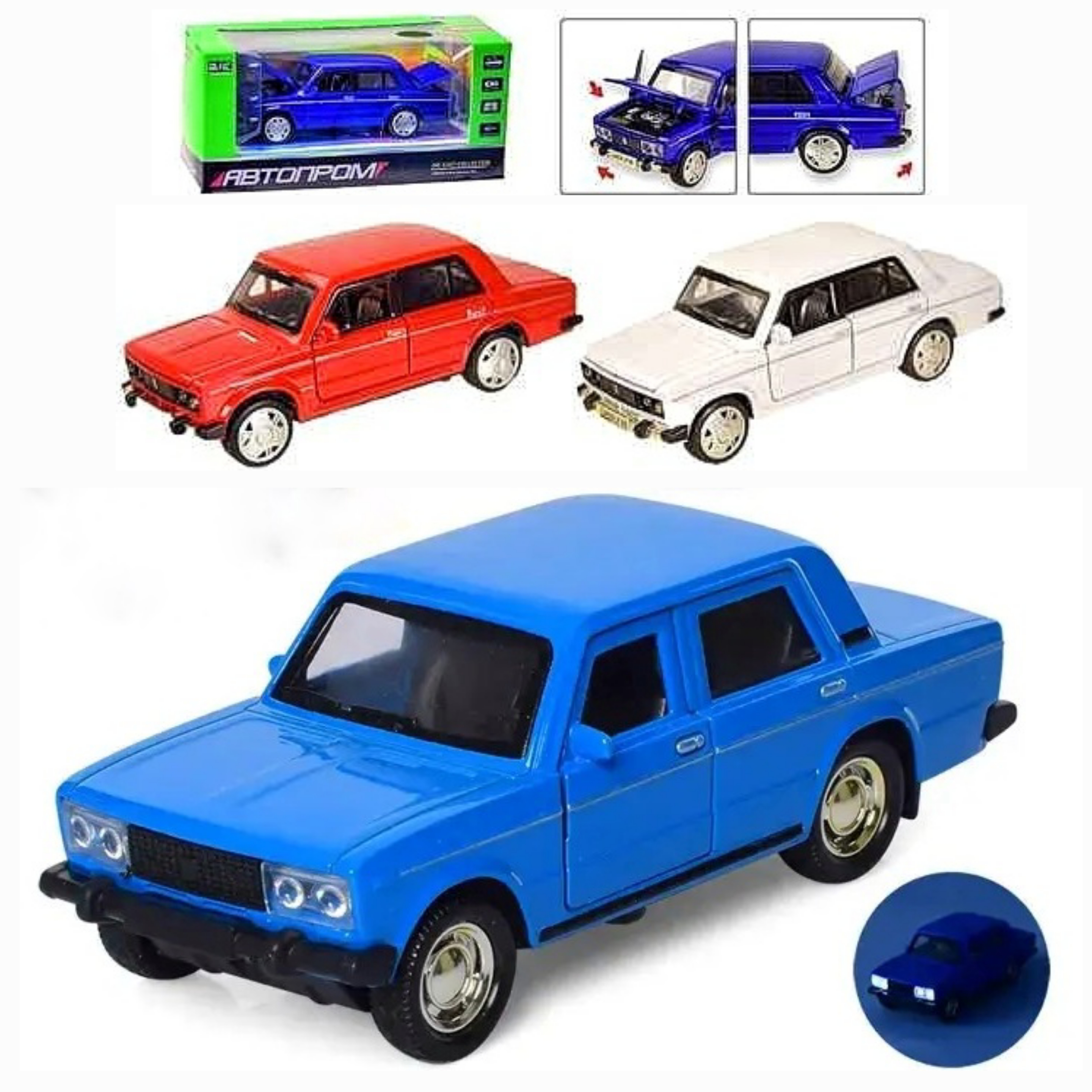 Машинка 7642 , "Жигулі 2106" , метал , 4 кольори, 1:32, світло, звук, інерція, відчиняються двері - капот - багажник, в коробці , серія машинок "АВТОПРОМ"