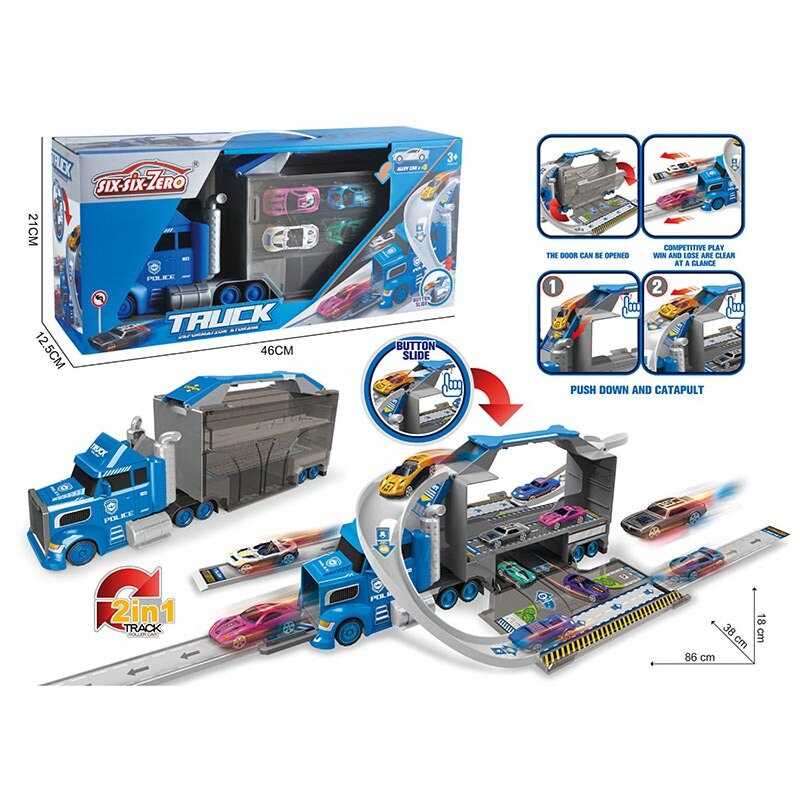 Трейлер 660 S-43 (24/2) “Поліція”, 4 металопластикові машинки, запускач, дорожні знаки, в коробці