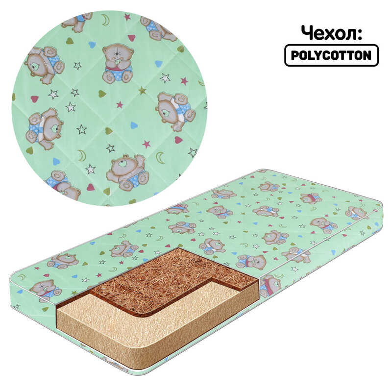 гр Матрац кокос - поролон - 11122231 полікотон "Малютка2" Ведмедики в захваті "(1) - колір зелений "Homefort"