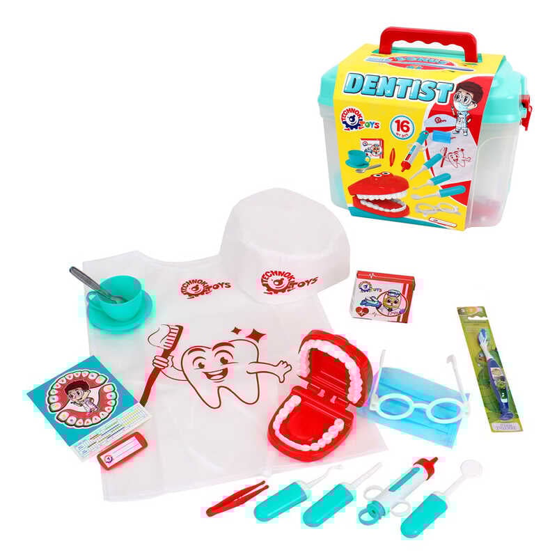 гр Набір стоматолога 7365 (8) "Technok Toys", 16 елементів, зубна щітка, халат, шапочка, щелепа, інструменти, у валізі