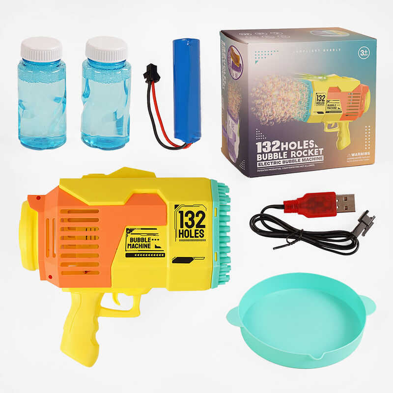 Пістолет з мильними бульбашками KB 1293 Штрихкод = 90859 (24)  підсвічування, 132 отвори, 2 пляшки  з мильним розчином, ак. 3.7V, USB-кабель, в коробці