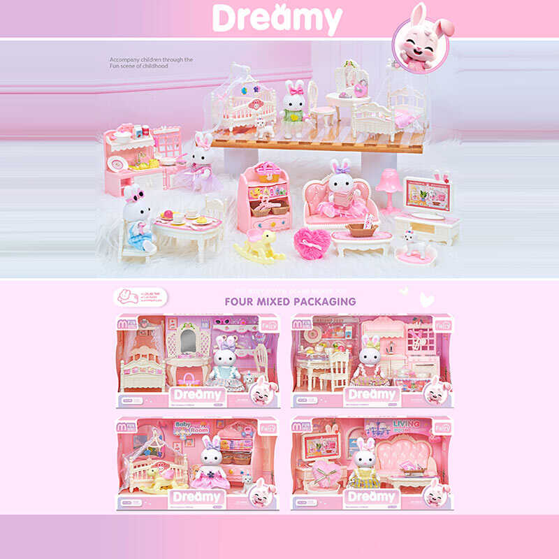 Набір меблів 6669 A (36) 4 види, 1 флоксова фігурка, песик, аксесуари, ліжко, туалетний столик, стільчик, в коробці, ВИДАЄТЬСЯ ТІЛЬКИ МІКС ВИДІВ