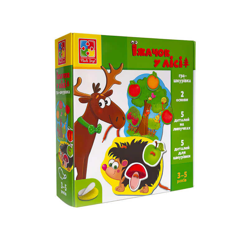 гр Гра з липучками "Їжачок у лісі" VT1804-45 укр (12) "Vladi Toys" гра-шнурівка, 2 ігрові панелі, 10 елементів