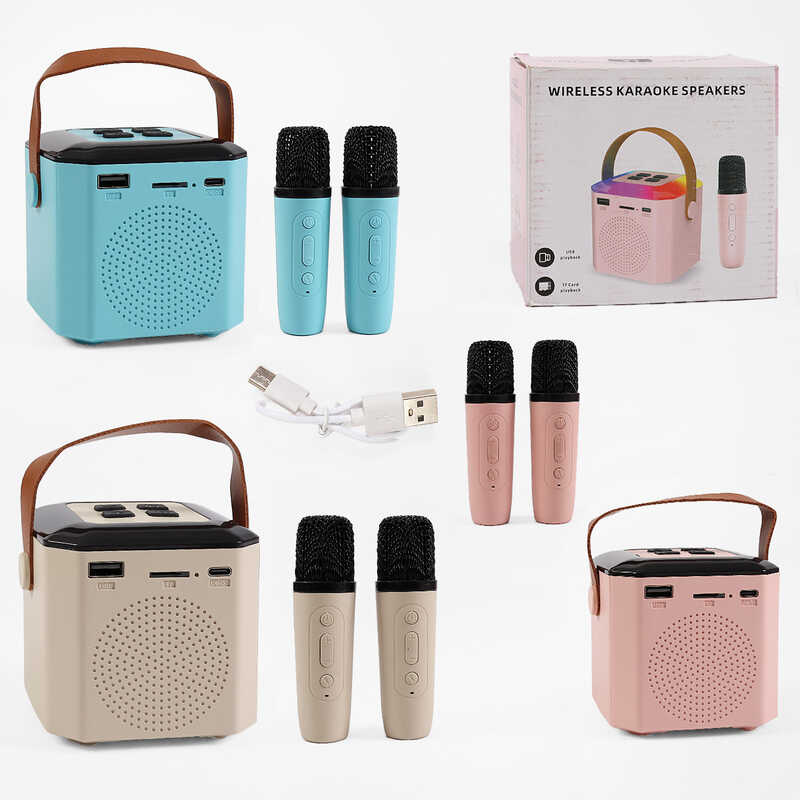 Караоке C 72965 (60) 2 мікрофони, колонка, підсвічування, слот для TF Card, bluetooth, USB-type-c кабель, зміна голосу, в коробці, ВИДАЄТЬСЯ ТІЛЬКИ МІКС ВИДІВ
