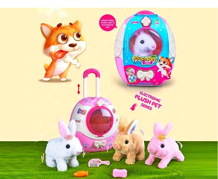 М’яка іграшка MC 1086 , "Кролик", ходить, звуки, на батарейках, рухає вушками, аксесуари, наліпки, повідець, у валізі