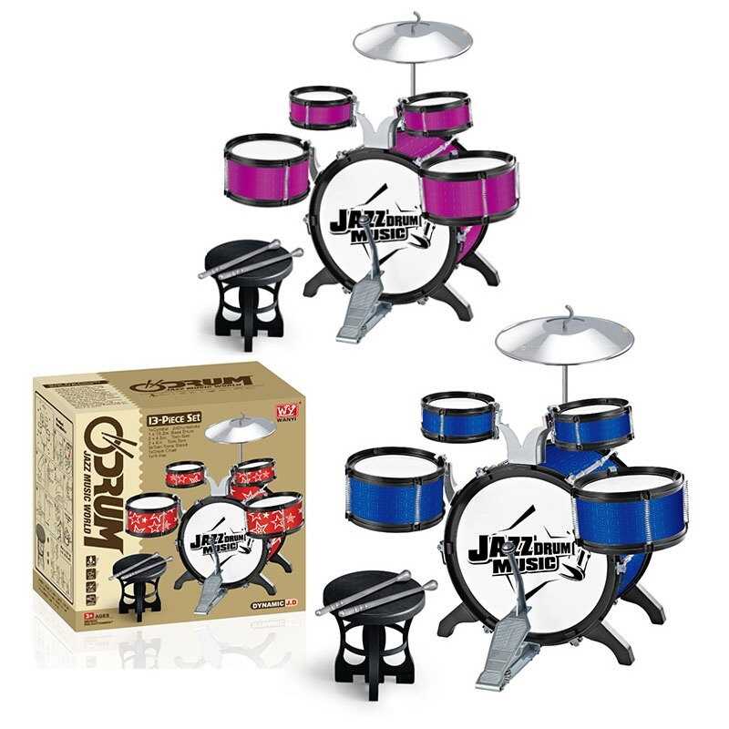 Барабанна установка 3888 (12) 13 елементів, 2 кольори, 5 барабанів, діаметри: 28 см, 15 см, 11 см, тарілка, палички, педаль, стільчик, в коробці