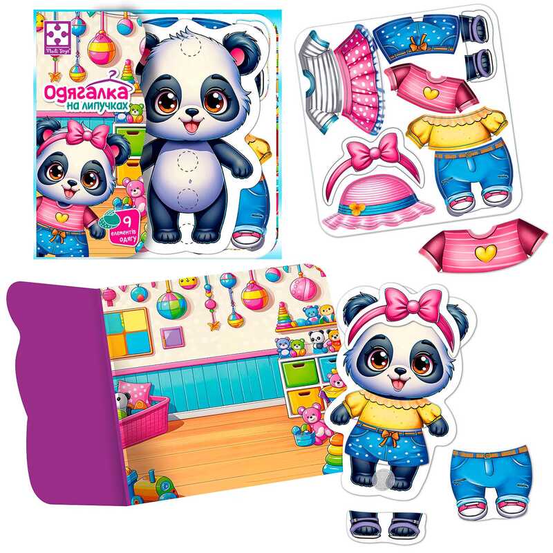 гр Гра з липучками "Пандочка" VT1320-05 (20) "Vladi Toys", фігурка, 9 предметів одягу, ігровий фон