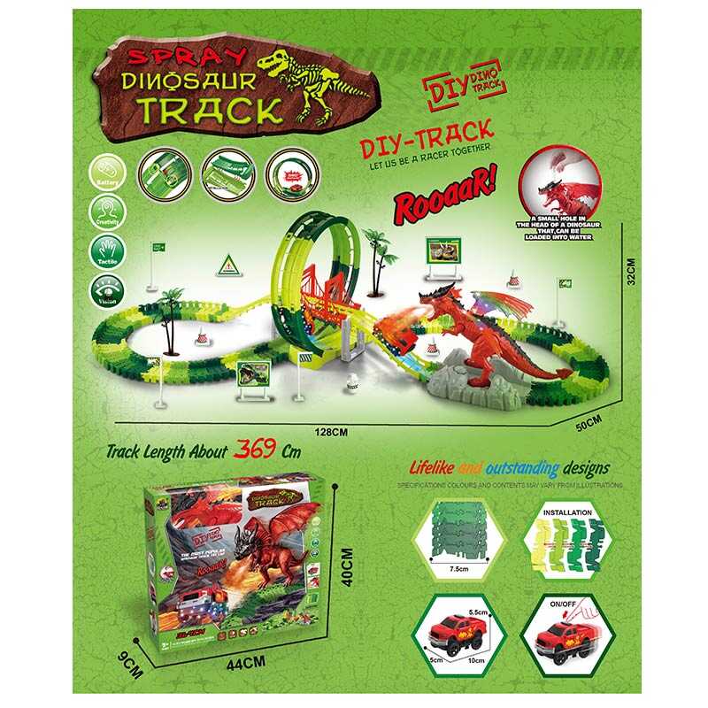 Трек GD 30 A (18/2) 170 деталей, звук, підсвічування, динозавр, парогенератор, машинка, довжина треку 369 см, аксесуари, в коробці