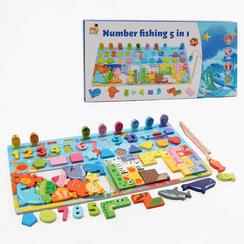 Логічна дерев’яна дошка C 73325 (24) магнітна риболовля, цифри, геометричні форми, сортер, тваринки, в коробці