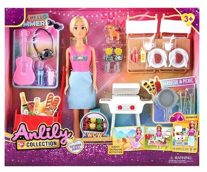 Лялька з аксесуарами 616256 (18) висота 30 см, знімний одяг та взуття, гриль, стіл та стільці, продукти, столовий та кухонний посуд, гітара, фотоапарат, улюбленець, візок, в коробці