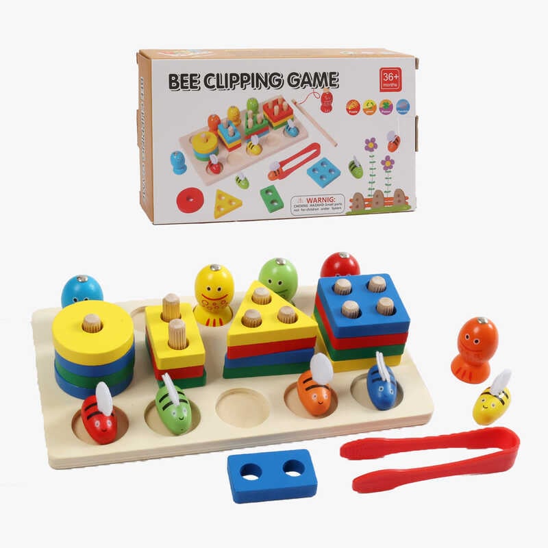 Логічна дерев’яна дошка C 74581 (60) гра з кілочками, магнітна риболовля, бджілки, щипці, сортер за формами, в коробці