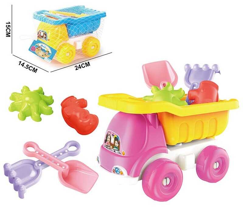 Пісочний набір FSD 7393 (72/2) 2 види, машинка, 2 формочки, лопаточка, граблі, в сітці, ВИДАЄТЬСЯ МІКС