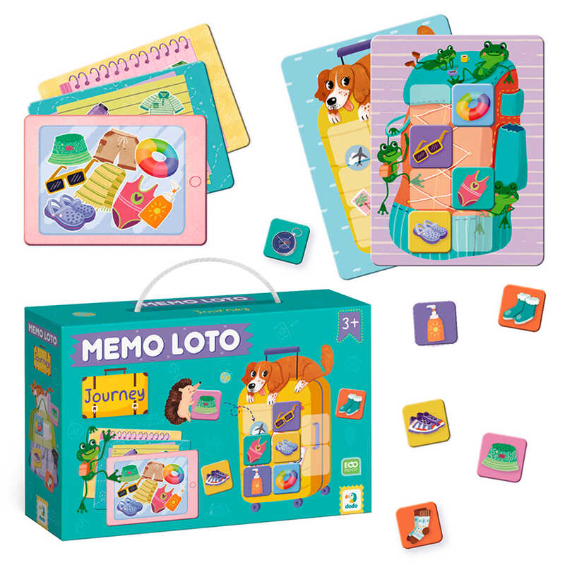 гр Мемо лото "Збираємося у подорож" 301227 (36) "Dodo", 4 картки-валізи, 4 картки-списки, 32 фішки, в коробці