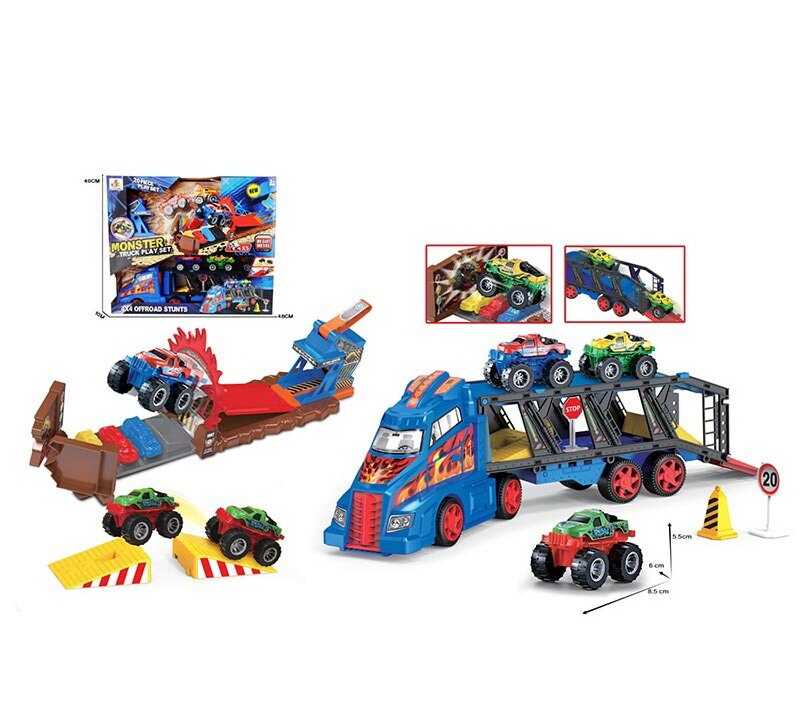 Трейлер DS 074 (12/2) 5 металопластикових машинок, трамплін, дорожні знаки, в коробці