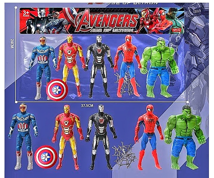 Набір героїв 3099-19 , 5 фігурок, підсвічування на грудях, середня висота 17 см, рухливі кінцівки та голова, в пакеті