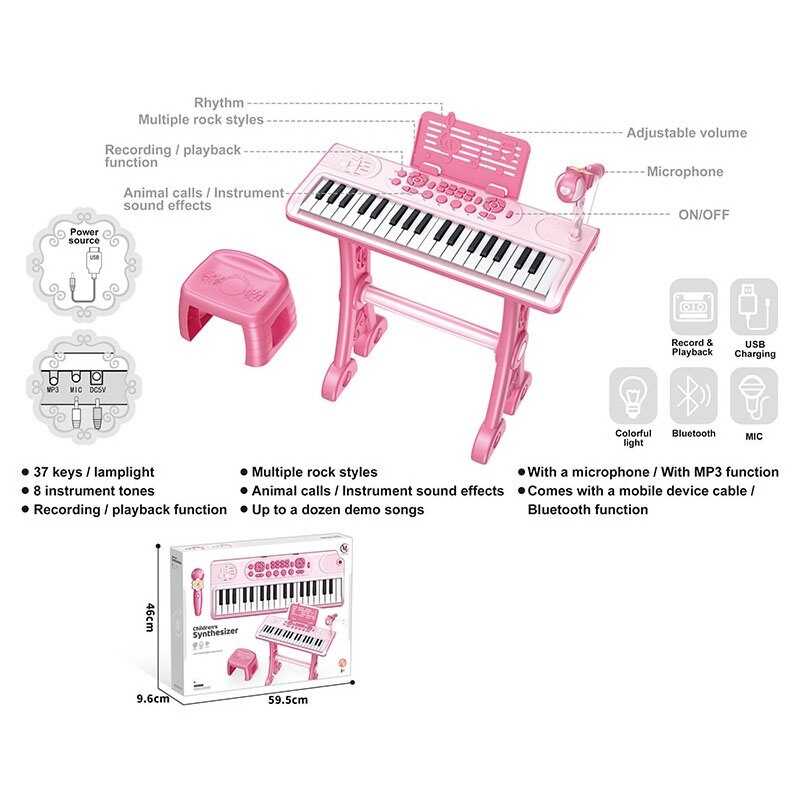 Синтезатор 6655 (8) 37 клавіш, стілець, мікрофон, вбудований акумулятор, Bluetooth, звуки тварин та музичних інструментів, мелодії, 3 AUX-роз'єми, AUX-кабель, USB-AUX кабель, регулювання гучності, функція запису, в коробці