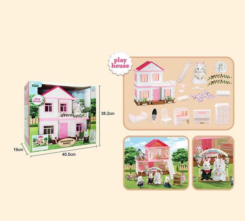 Будиночок S 05 (6), 2 поверхи, меблі, підсвічування, флоксова фігурка кролика, в коробці