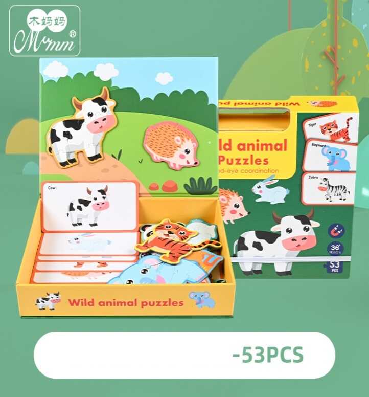 Дерев'яна магнітна дошка C 74612 (32) “Тваринки”, дерев’яні пазли, картки, назви англ. мовою, 53 елементи, в коробці