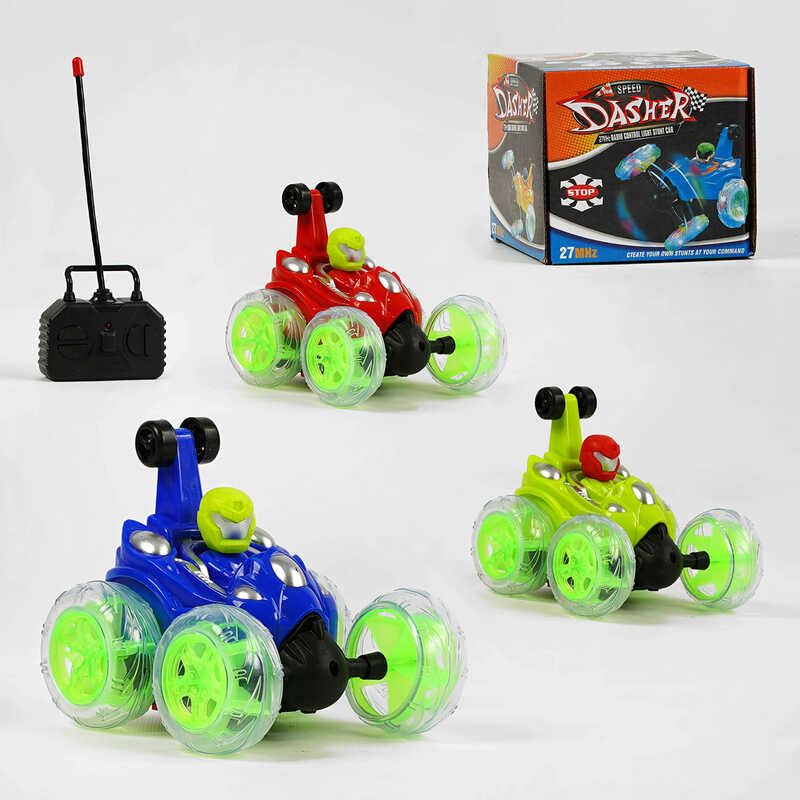 Машинка 8977 (108) на р/к, 3 кольори. на батарейках, підсвічування, перевертиш, обертається передня вісь, пульт керування 27 MHz, у коробці